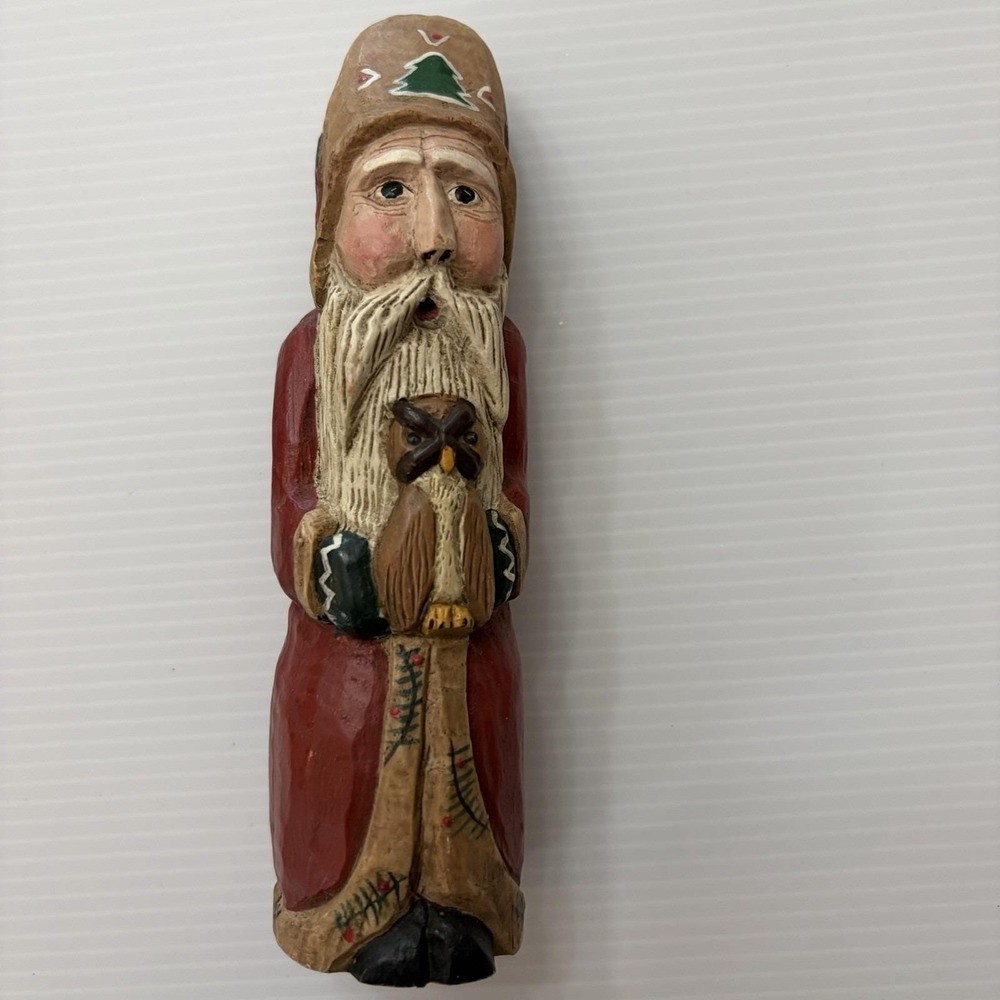 Vintage Folk Art Santa Figurine With Owl Rustic Cabin Christmas Decor